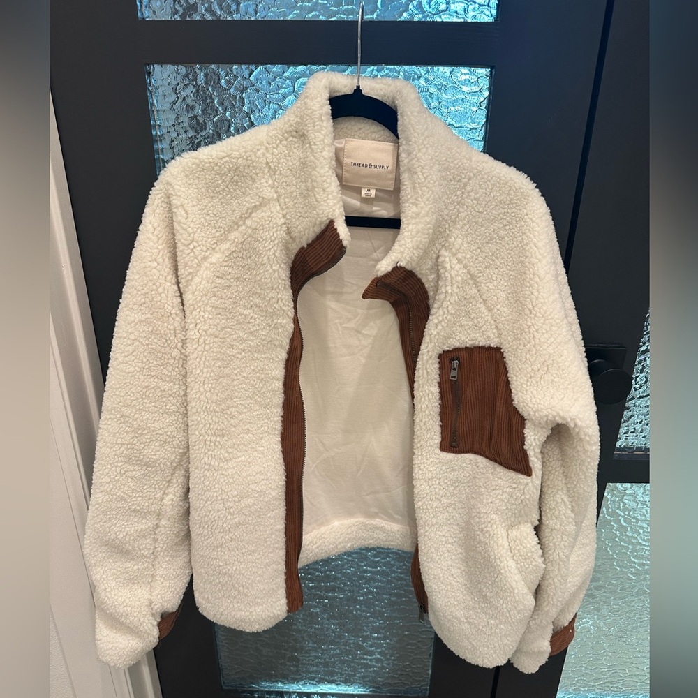 Thread & Supply Sherpa Zip Jacket Ivory Brown Corduroy Trim Size M